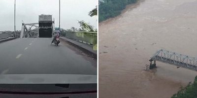 Här rasar bron framför bilen – lyckas bromsa i sista sekund