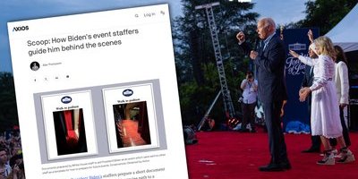 Stora bilder och tydlig text används för att guida Biden till podiet